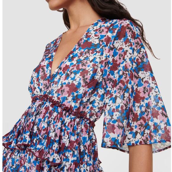 NWT Ganni Pleated Georgette Mini Dress Multi-Color Flounce V-Neck NEW sz 36 - Picture 6 of 16